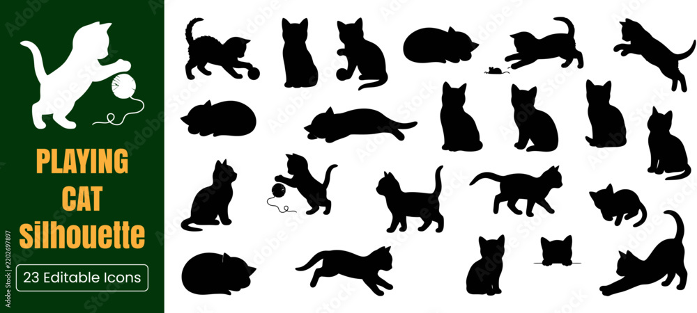 Fototapeta premium Playing Cat Silhouette: A collection of diverse black cat silhouettes in various playful poses, capturing the agile and curious nature of feline companions.