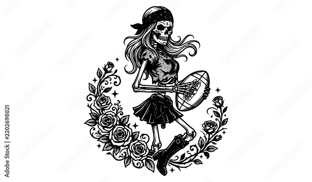 Fototapeta premium Gothic skeleton woman holding football with bandana and roses black white vector illustration