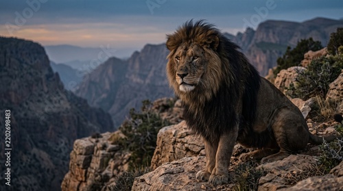 Powerful Barbary Lion Sitting on Rocky Mountain Summit at Sunset