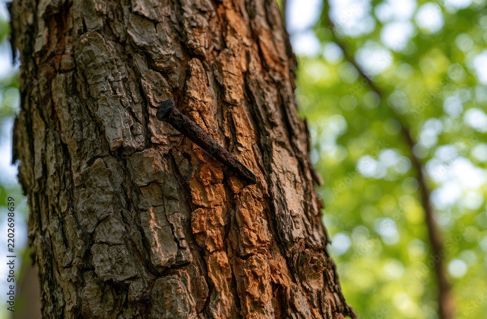 Fototapeta premium Rustic, weathered tree bark shows a dark, rusty nail embedded within it