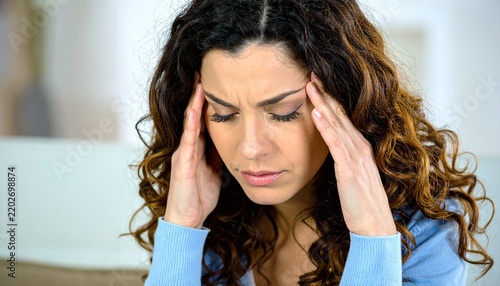 Stressed Young Woman Touching Forehead Suffering From Headache or Anxiety
