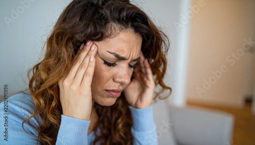 Stressed Young Woman Touching Forehead Suffering From Headache or Anxiety