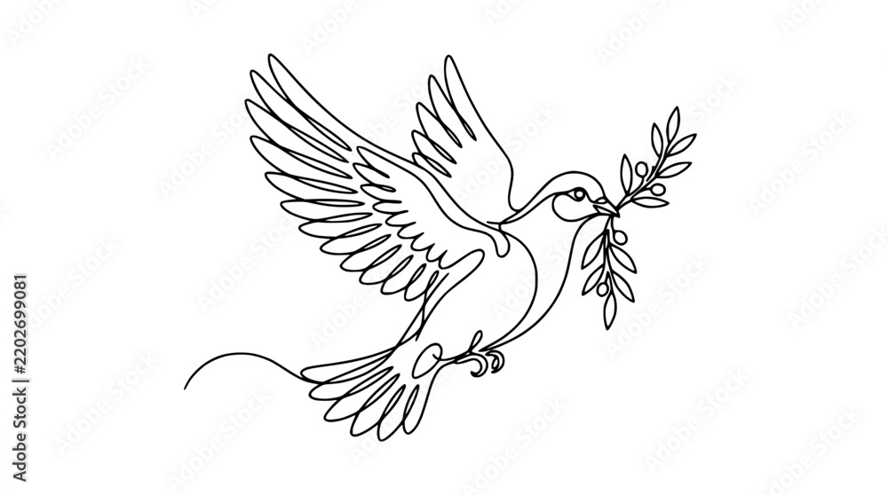 Fototapeta premium Dove with Olive Branch Line Art, Isolated Flying Bird, Symbol of Peace