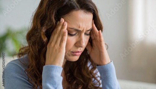 Stressed Young Woman Touching Forehead Suffering From Headache or Anxiety