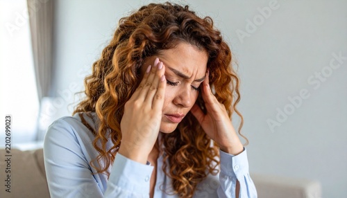 Stressed Young Woman Touching Forehead Suffering From Headache or Anxiety