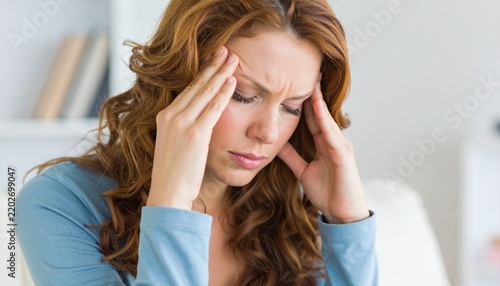 Stressed Young Woman Touching Forehead Suffering From Headache or Anxiety