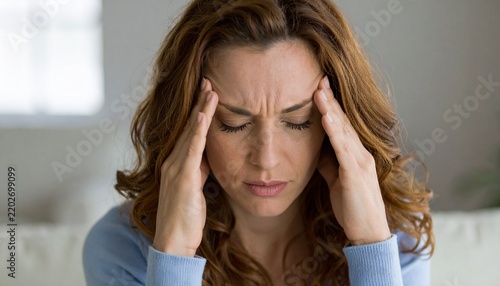 Stressed Young Woman Touching Forehead Suffering From Headache or Anxiety