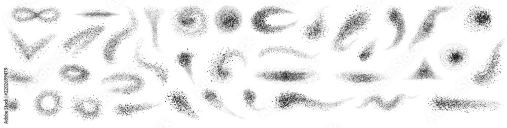 Fototapeta premium Set of dust clouds with scattered particles stipple