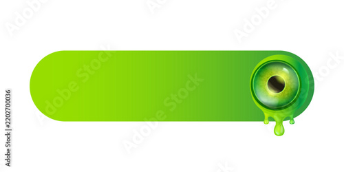 Halloween green web button vector illustration. Isolated glossy oval banner with spooky zombie monster eye and dripping toxic slime on white background for game GUI and october sale design.