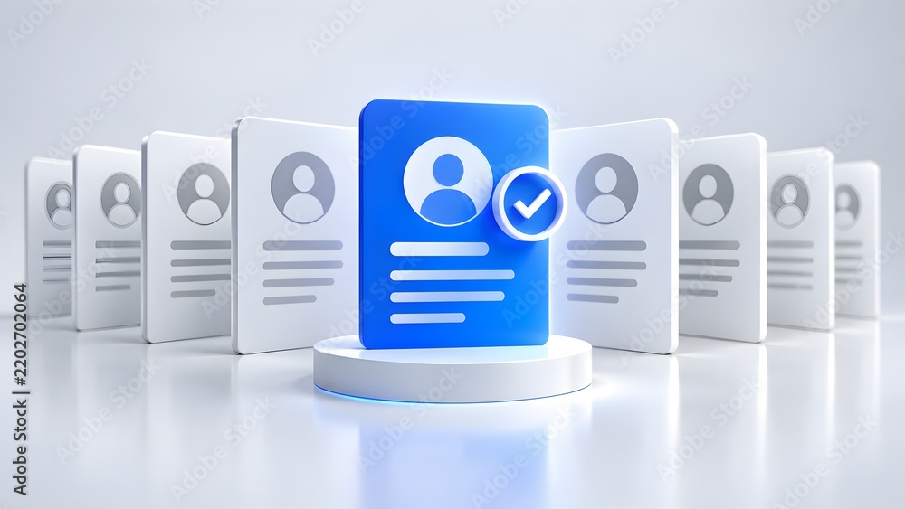 Obraz premium Approved blue user profile document with checkmark standing out from a row of grey files representing recruitment and talent selection