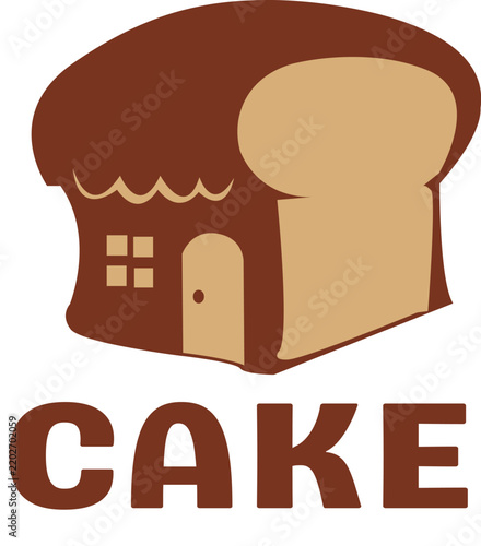 Charming cartoon illustration of a cozy home icon creatively shaped like a freshly baked loaf or a delectable cake, representing a warm and inviting bakery business
