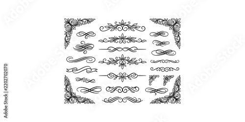 Quadro su tela Vintage decorative corner frames and divider elements in black ink style for elegant stationery design projects