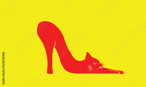 Minimalist red high heel shoe illustration creatively shaped like a stretching cat silhouette on a bright yellow background