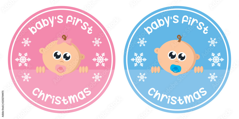 Fototapeta premium cute babys first christmas sticker with baby face girl and boy vector illustration