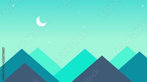 Horizontal Motion Graphic of Morning Blue Mountain Landscape with Twinkling Stars