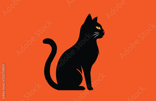 Sleek black cat illustration with bright pink accents on an vibrant orange backdrop, embodying a sense of mystery and elegance for seasonal or decorative themes, perfect for autumn celebrations