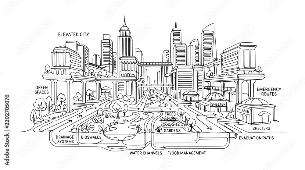 Obraz premium Futuristic Elevated City Design with Green Spaces and Drainage Systems