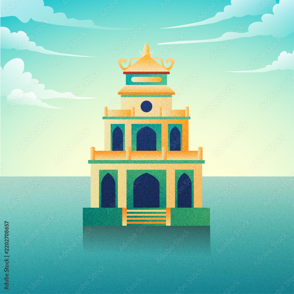 Fototapeta premium Turtle Tower illustration in Hoan Kiem Lake, Hanoi, Vietnam vector art