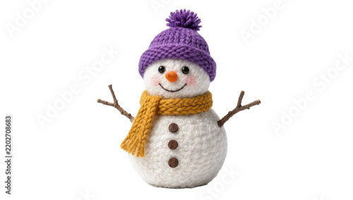 Obraz na plátně Knitted snowman with purple hat and yellow scarf, isolated on transparent backgr