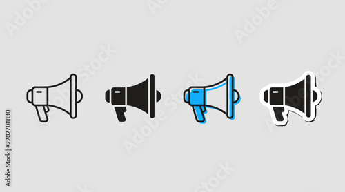 Megaphone loudspeaker vector icons set showing alert siren variations in outline, solid, blue accent, and sticker styles