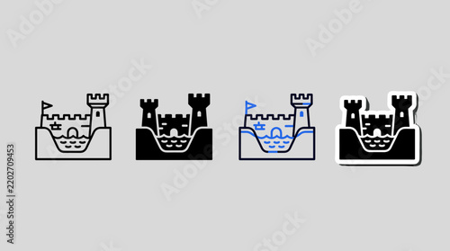 Castle with Water Trench (Moat) Icon Set in Outline, Filled, Color, and Sticker Styles