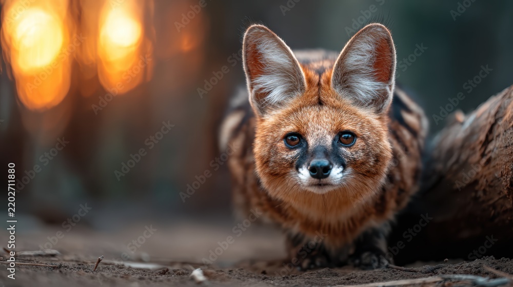 Obraz premium A stunning close-up of a brown-and-white wild animal with prominent ears, set against a blurred forest background illuminated by a soft sunset glow, showcasing its inquisitive nature.