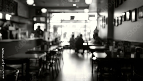 Soft focus black and white interior of a diner with tables and customers