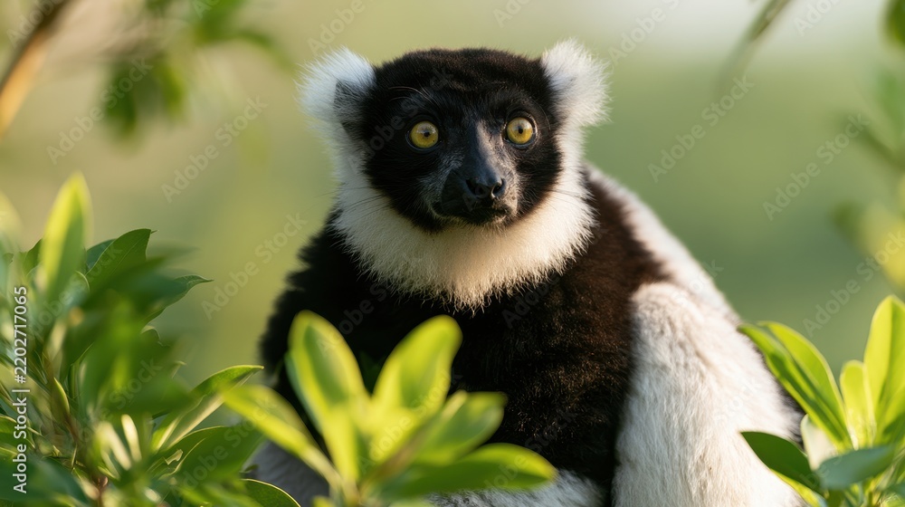Obraz premium Black and white ruffed lemur sitting amongst vibrant green leaves in a natural habitat