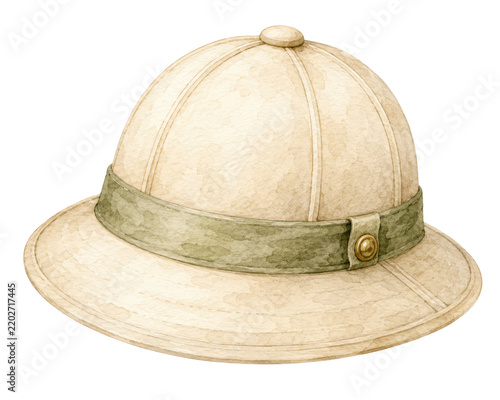 Vintage safari pith helmet, beige explorer hat with olive green band, isolated travel headwear for adventure designs