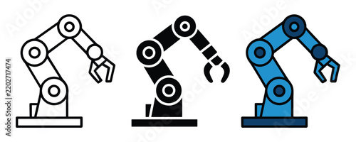 Set of three industrial robotic arm icons representing precision automation and mechanical efficiency for modern factory work.