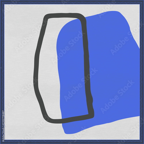 Abstract Geometric Digital Background: Modern Minimalist Organic Shapes with Bold Hand-Drawn Outline, Canvas Texture, and Framed Square Blue