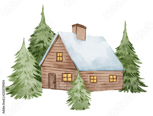 Watercolor Christmas snowy landscape with cottage house and trees