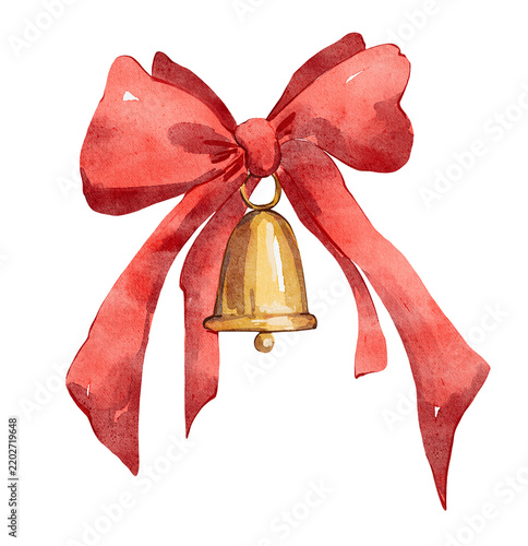 Watercolor Christmas jingle bell with the bow