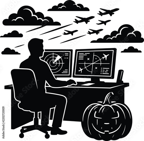 Air Traffic Controller Monitoring Aircraft Radar Screens with Halloween Pumpkin and Aviation Operations Vector Illustration