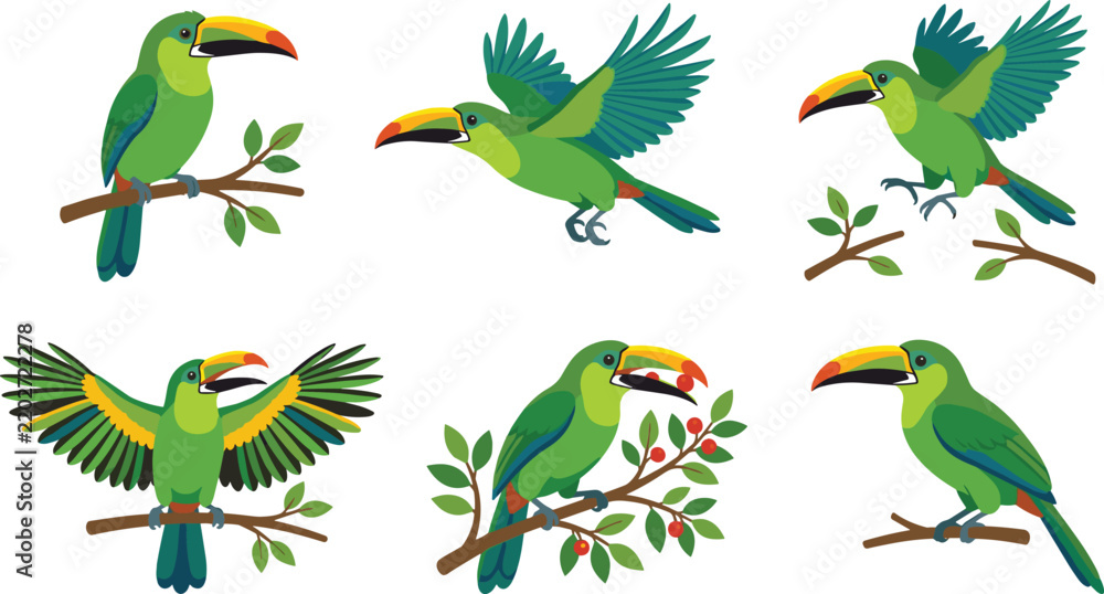 Obraz premium Green toucans perched and flying in various poses on branches, vibrant nature illustrations