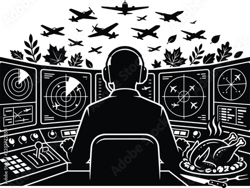 Air Traffic Controller Monitoring Radar Systems with Thanksgiving Turkey Autumn Leaves and Aircraft Vector Illustration