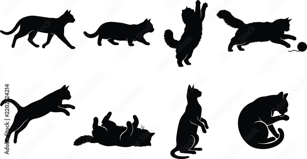 Obraz premium Set of black cat silhouettes featuring various playful feline poses isolated on white background