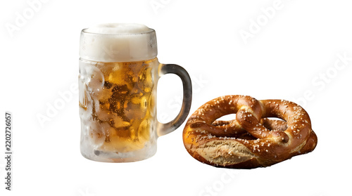 Frosted glass mug of cold beer paired with traditional baked pretzel pub snack german food beverage bubbling refreshing celebration oktoberfest