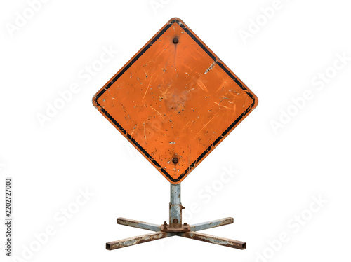 Road sign blank orange diamond shape on metal stand, isolated on transparent background