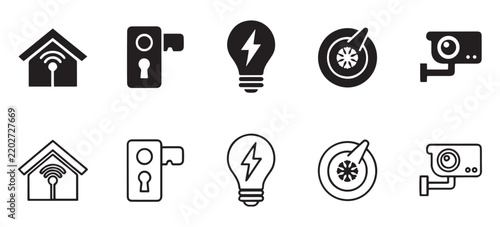 Smart home technology icons set highlighting energy monitoring and security nodes.