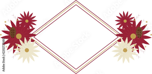Decorative Floral Pattern With Red And Gold Sunflowers Inside Diamond Shape