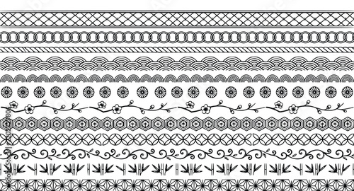 Decorative borders collection featuring traditional Japanese patterns and organic floral elements in a clean black and white vector graphic design