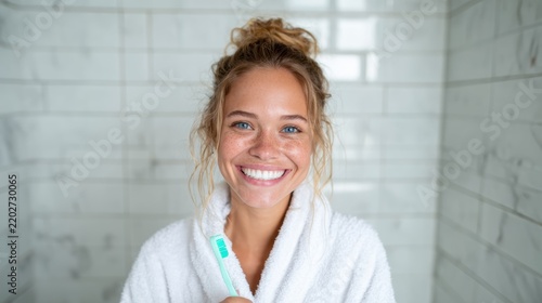 A joyful woman with curly hair smiles widely as she brushes her teeth in a bright, white bathroom, promoting dental hygiene and the importance of self-care and personal grooming.