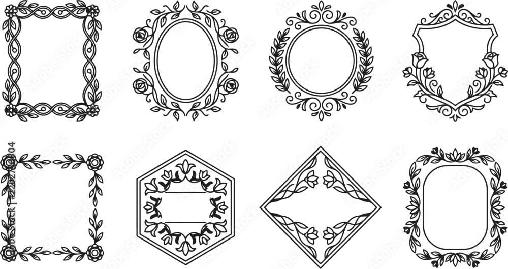 Fototapeta premium A Set Of Eight Ornamental Black And White Floral Frames And Decorative Borders For Elegant Invitation Cards And Professional Branding Stationery Designs In A Clean Vector Style Format.