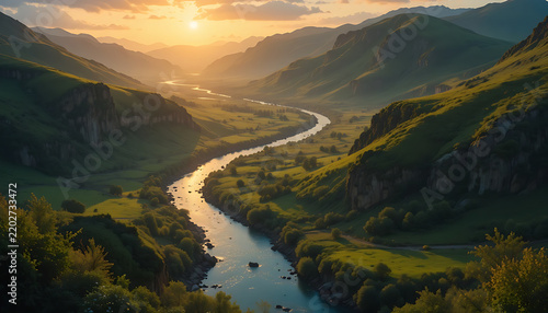 Winding river flowing through vast serene mountain valley during colorful vivid sunset in peaceful nature