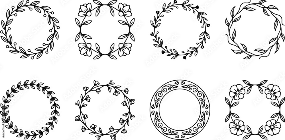 Fototapeta premium Set Of Eight Hand Drawn Circular Floral Wreaths And Botanical Frames For Elegant Wedding Stationery Design, Organic Branding, Minimalist Invitation Layouts, And Creative Card Projects.