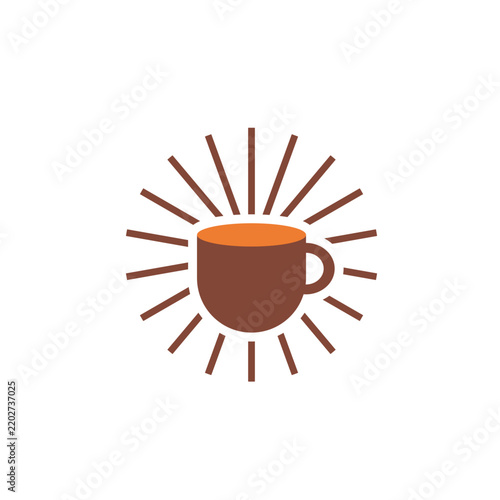 Minimalist coffee cup logo design vector with line art sunburst rays background