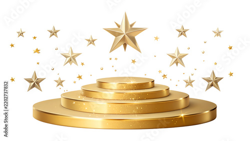 Golden Round Podium Stage with Floating Gold Stars Isolated on White Background   