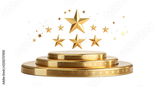 Golden Round Podium Stage with Floating Gold Stars Isolated on White Background   
