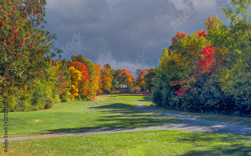 A beautiful golf course on a cool cloudy autumn day in Canada	